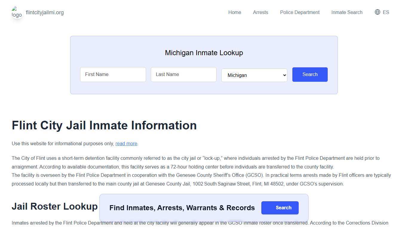 Flint Jail, MI Inmate Roster, Municipal Jail Info